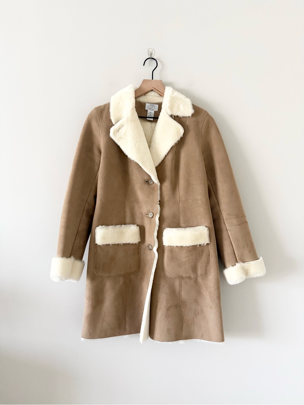 LOFT Faux Suede Shearling Coat in Camel with Ivory Trim Size 4 Petite
